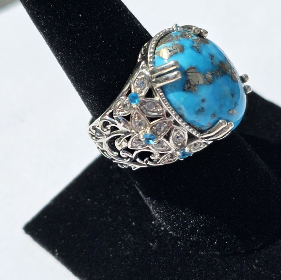 Genuine Turquoise & Neon Apatite 💍 w/White Sapphires in Platinum/925 Size 9 - Picture 6 of 12